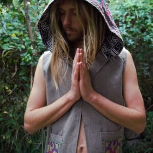 Grey Shipibo Hooded Waistcoat, Ayahuasca Clothing for Your Ayahuasca Retreat