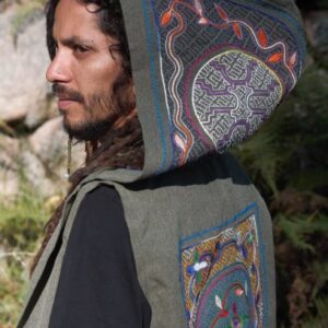 Green Shipibo Hooded Waistcoat, Ayahuasca Visions Clothing For Your Ayahuasca Retreat