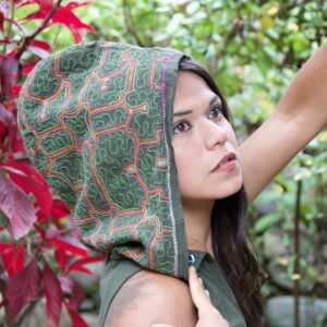 Shipibo Cotton Cowl Hooded Woodland Dress, Full Shipibo Designs Hood