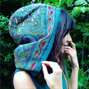 Shipibo Hooded Dress, Rainbow Dress Collection, Blue Hues Made to Order For Your Ayahuasca Ceremony