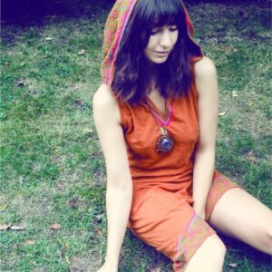 Shipibo Hooded Dress, Rainbow Dress Collection, Orange Hues Made to Order For Your Ayahuasca Ceremony