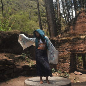 Bridging of The Worlds, Nazca Lines Organic Cotton Shawl Embroidered with Shipibo Icaro of Piñón