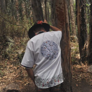 Bridging Of The Worlds Collection, Shipibo Ayahuasca Shirt with Eye of Pachamama and Shipibo Icaro Of Piñón for Your Ayahuasca Ceremony